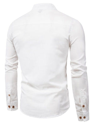 White linen band collar long sleeve shirt with button cuffs