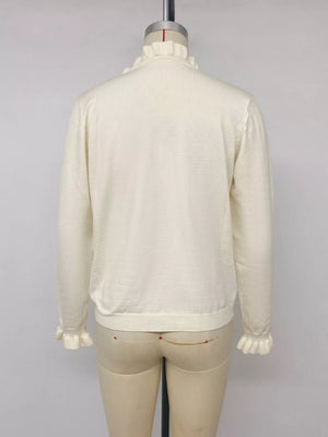 Ruffle Trim Pearl Button V-neck Knit Top in Apricot, view 14