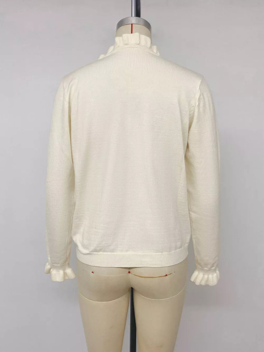 Ruffle Trim Pearl Button V-neck Knit Top in Apricot, view 14