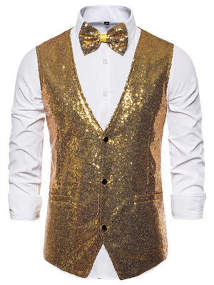 Gold sequin men's vest with button front and matching bow tie.