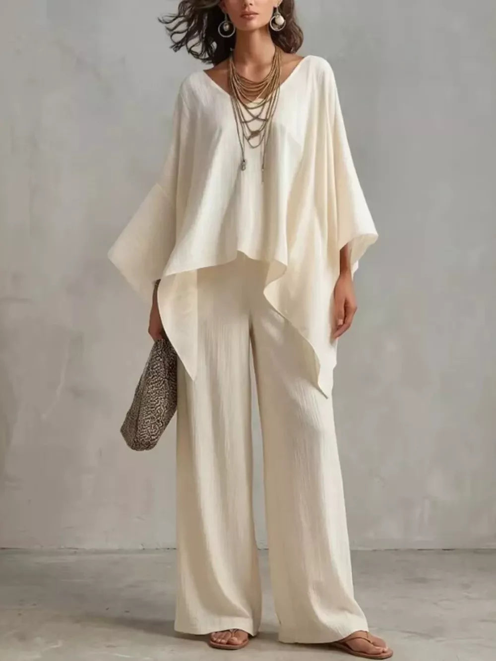 White Full Size V-neck Top And Pants Set Plus Size