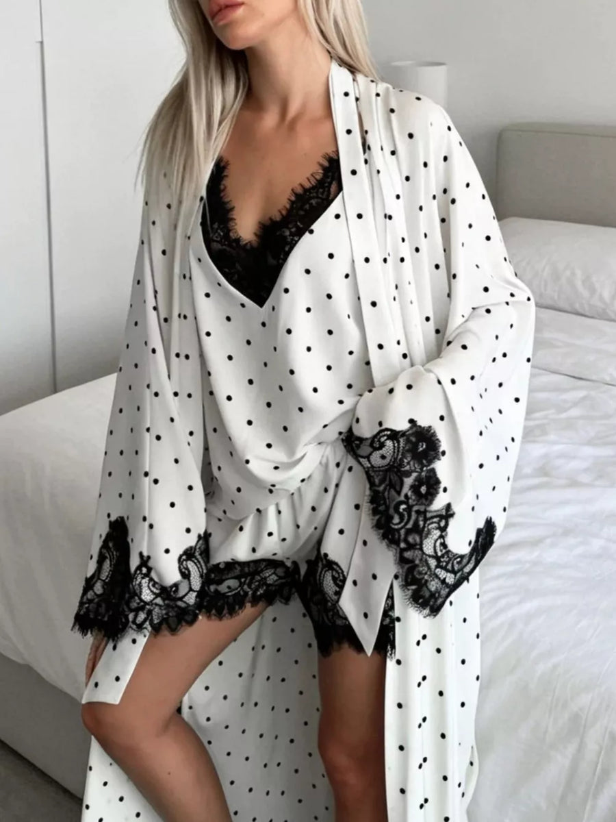ivory pajama set with polka dot and v-neck