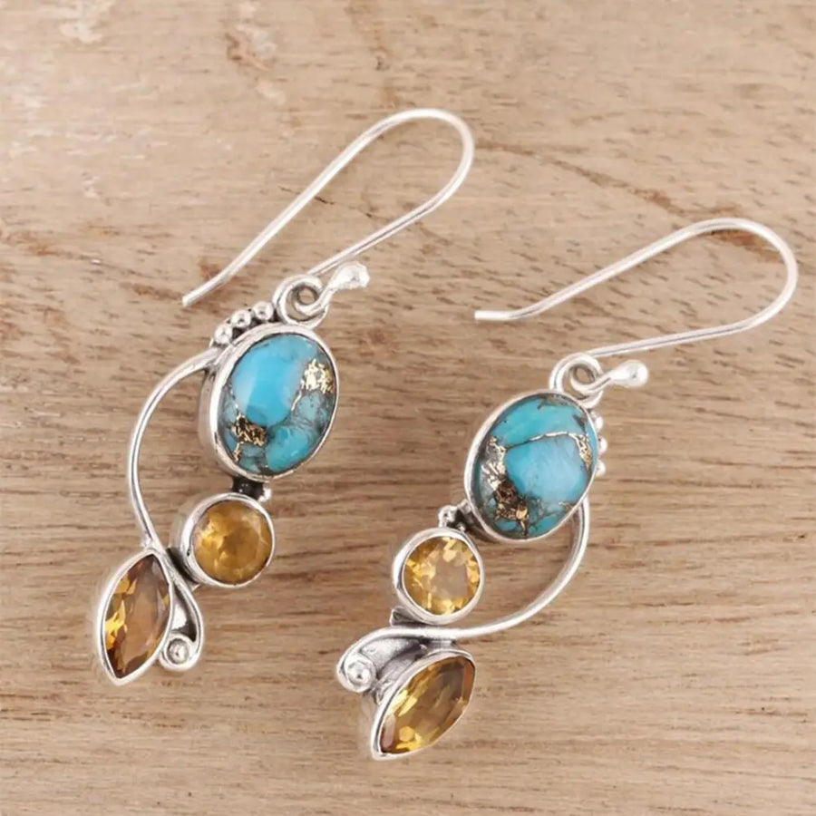 Silver dangle earrings with turquoise and citrine stones