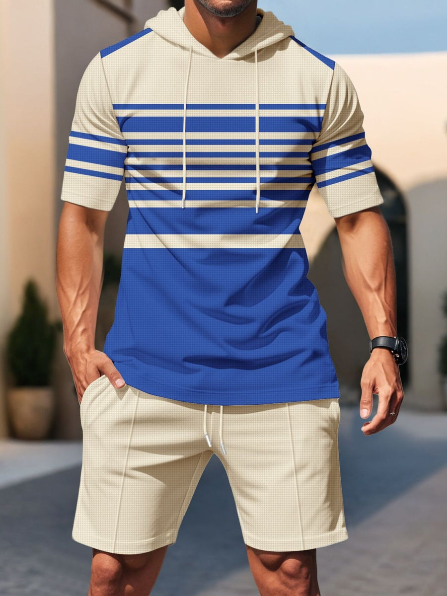 Men's Striped Short Sleeve Hoodie And Shorts Set in Blue