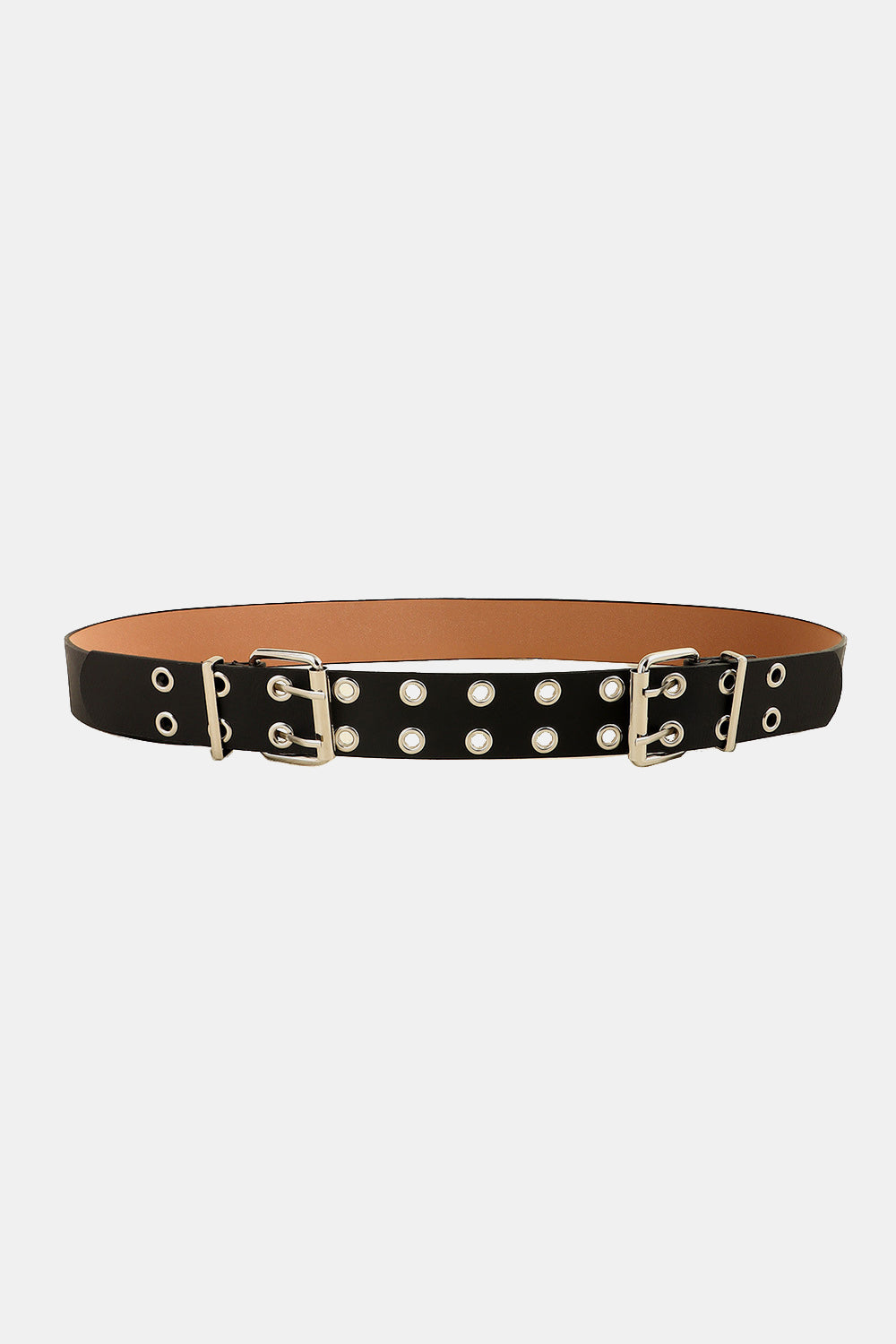 Black double buckle eyelet belt with silver hardware