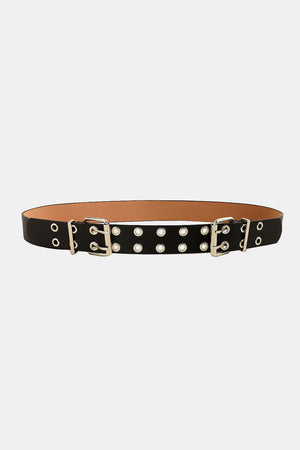 Black double buckle eyelet belt with silver hardware
