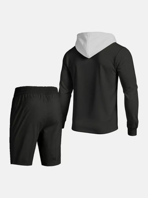 Blue with Men's Casual Hooded Button-up Shirt And Shorts Set