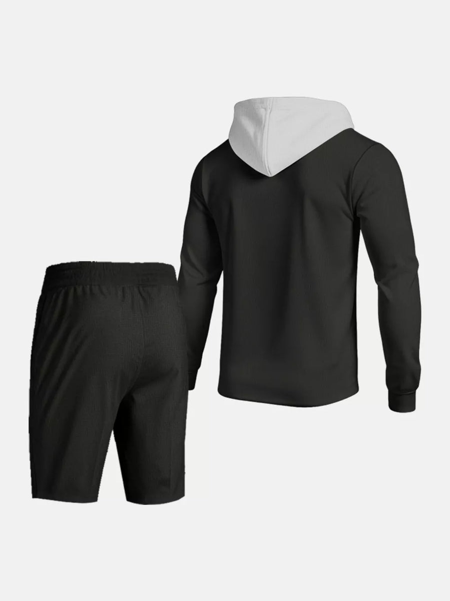 Blue with Men's Casual Hooded Button-up Shirt And Shorts Set