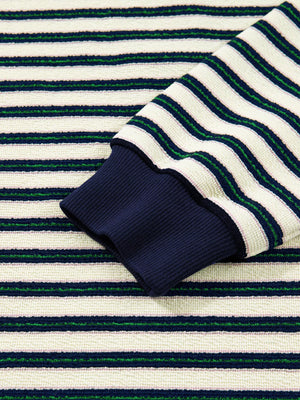 Striped top in navy with contrast collar detail and ribbed cuffs.
