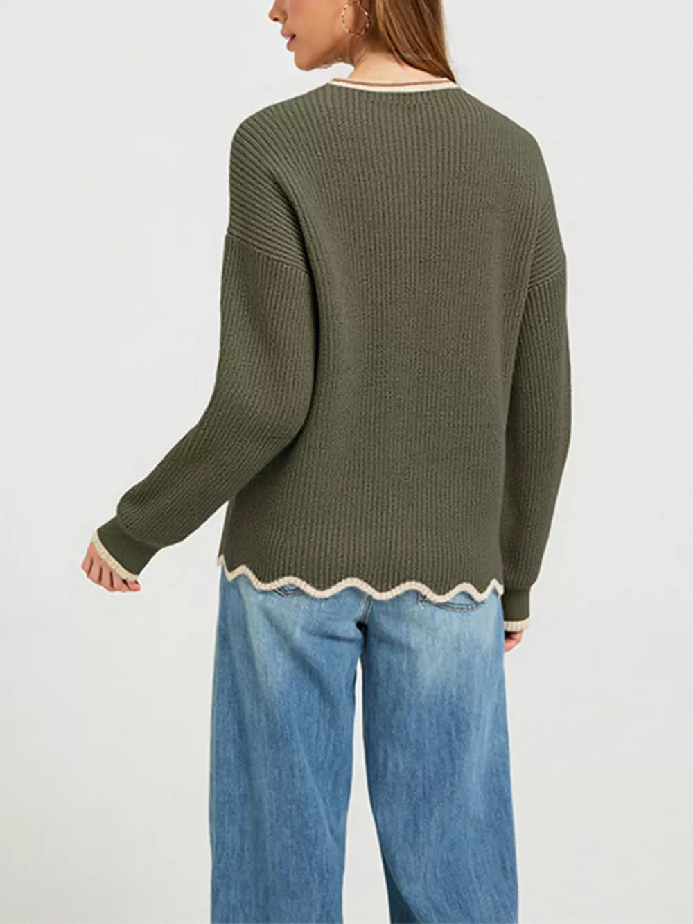 dark brown pullover sweater with scalloped hem and long sleeve