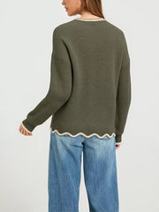 dark brown pullover sweater with scalloped hem and long sleeve
