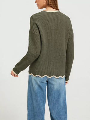 dark brown pullover sweater with scalloped hem and long sleeve
