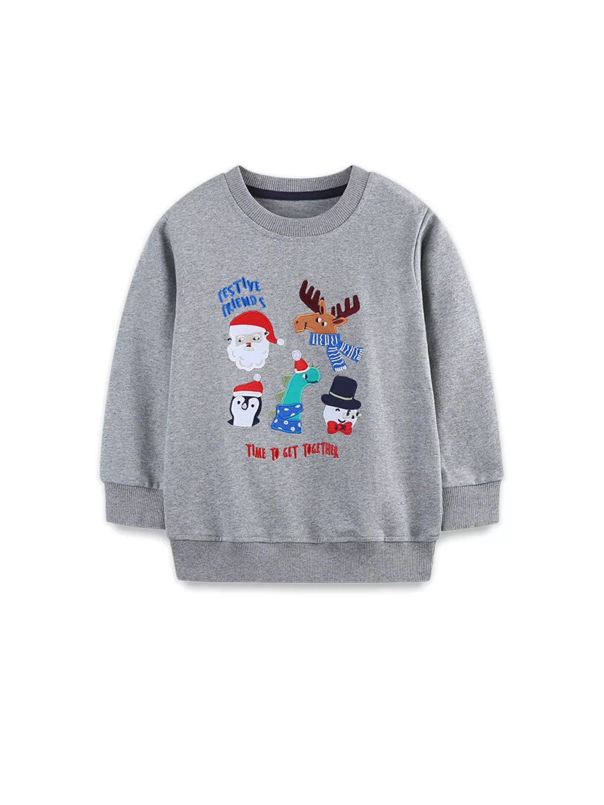 Gray crew neck sweatshirt with Christmas characters and text graphic