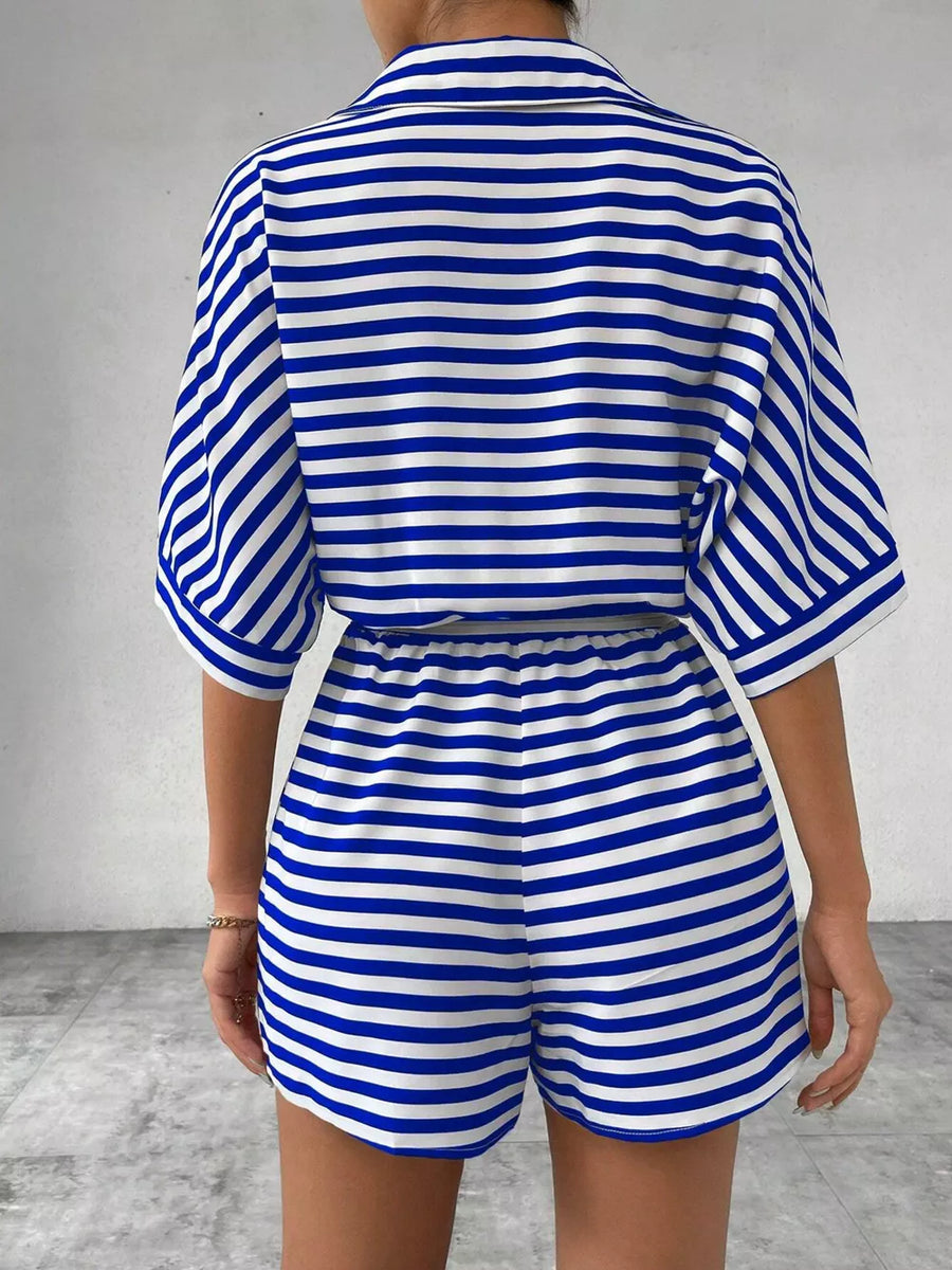 Striped Button Front Half Sleeve Romper in Caramel