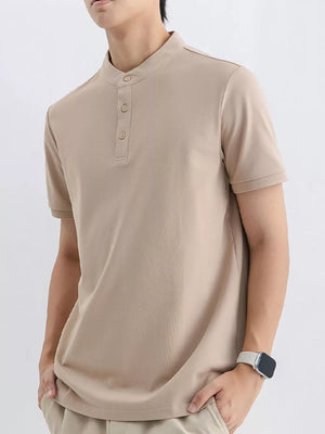 Men's apricot cotton t-shirt with mandarin collar and button placket.