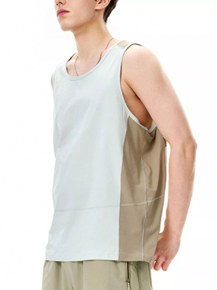 Men's color block tank top in light blue and tan with a crew neck.