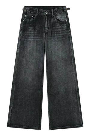 Dark wash denim trousers with a wide flare leg and belt detail.