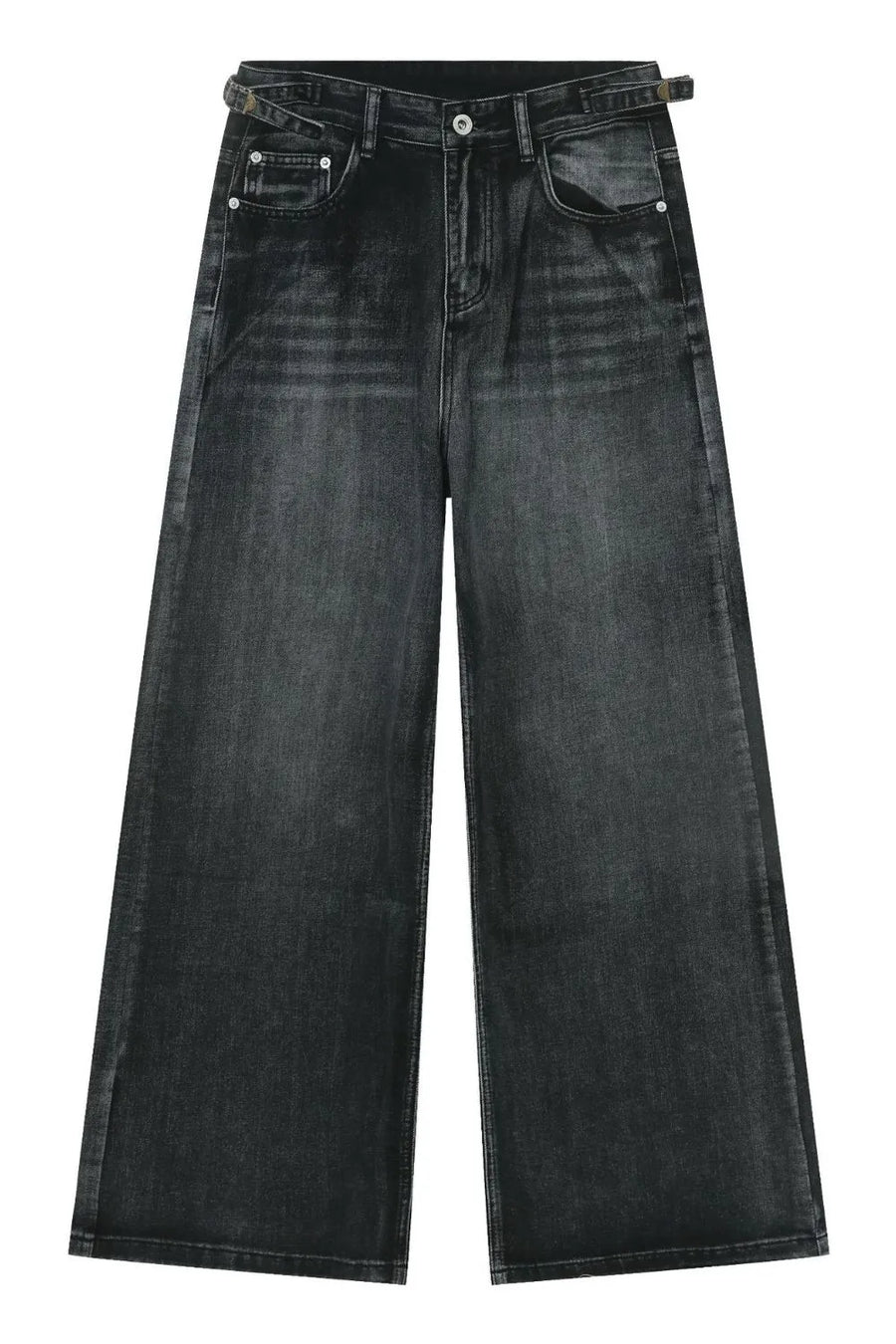 Dark wash denim trousers with a wide flare leg and belt detail.