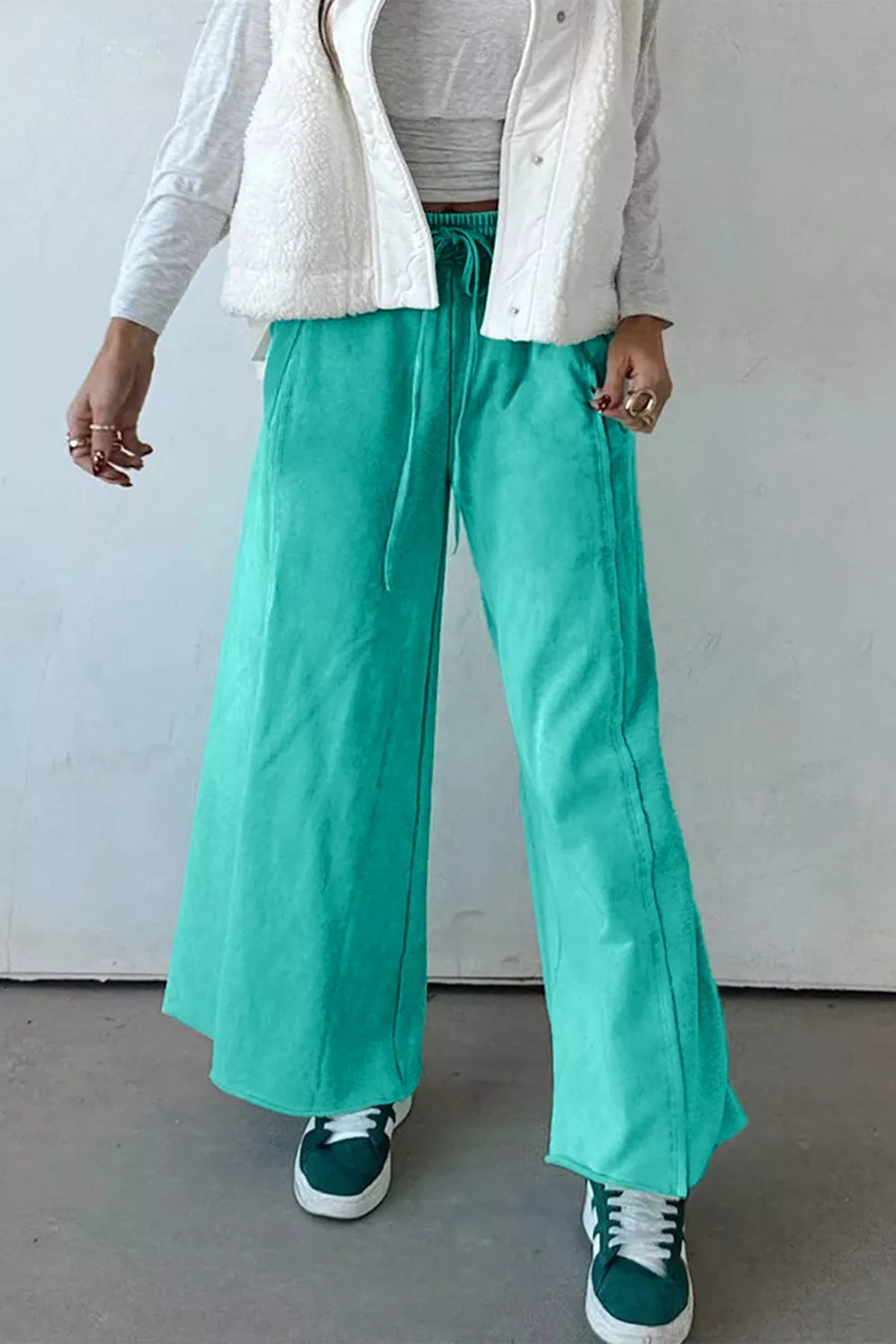 wide-leg pants in teal with drawstring and full-length