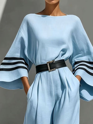 jumpsuit in Light Blue with striped and belted
