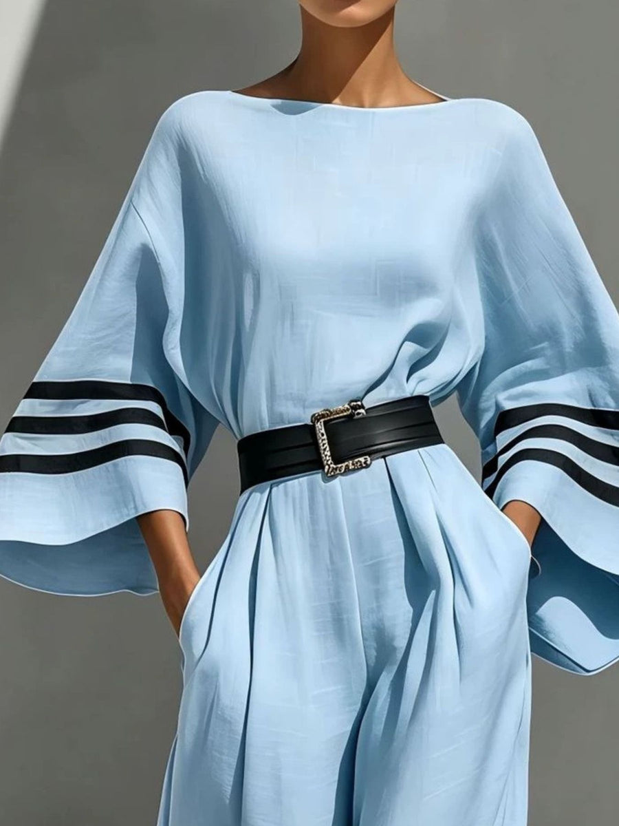 jumpsuit in Light Blue with striped and belted
