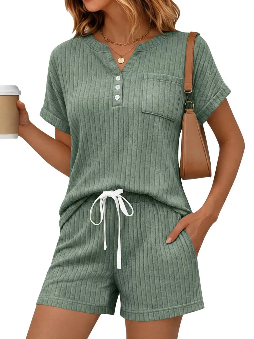 Army green ribbed knit loungewear set with henley neckline top and drawstring shorts.