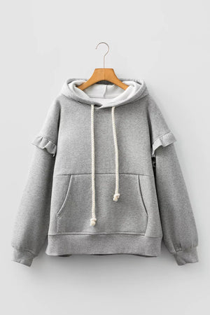 Gray with Contrast Rope Drawstring Ruffle Hoodie
