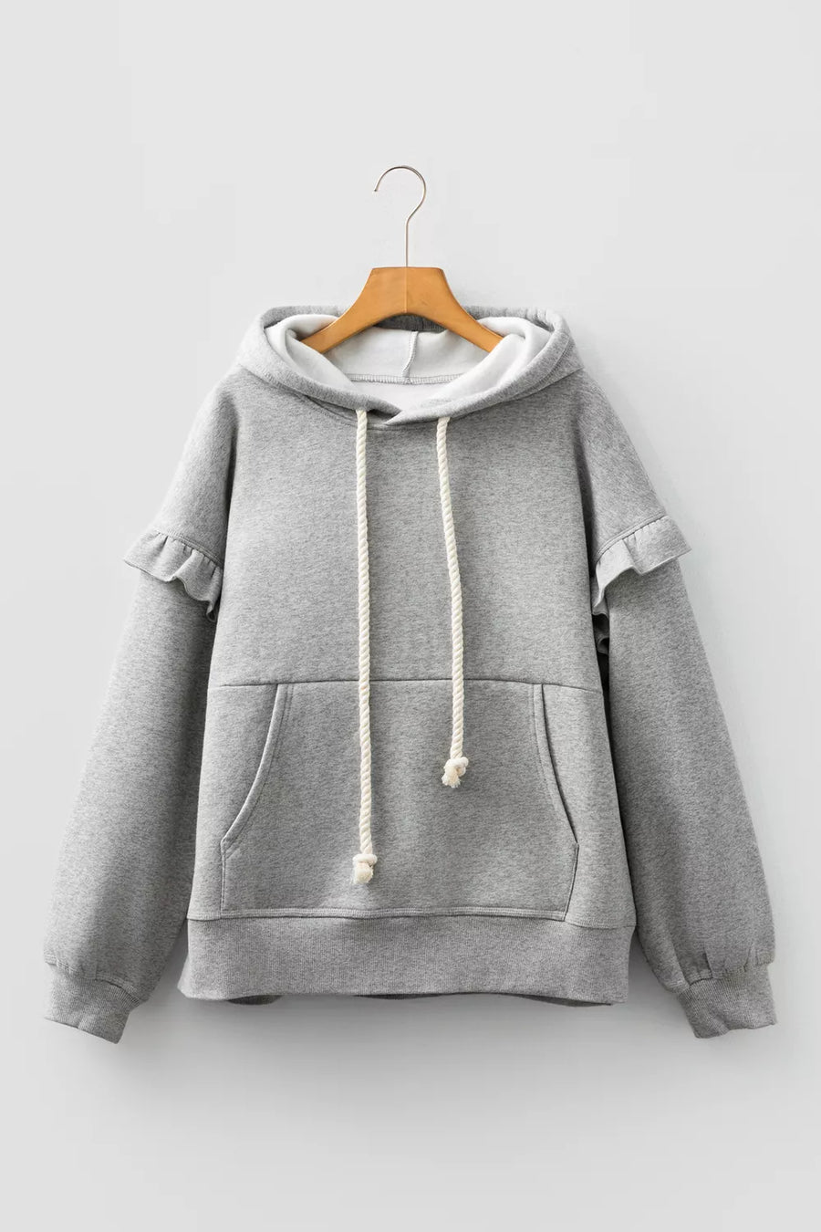 Gray with Contrast Rope Drawstring Ruffle Hoodie