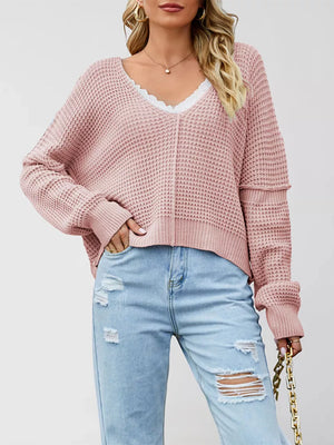 Pink relaxed pullover sweater with v-neck