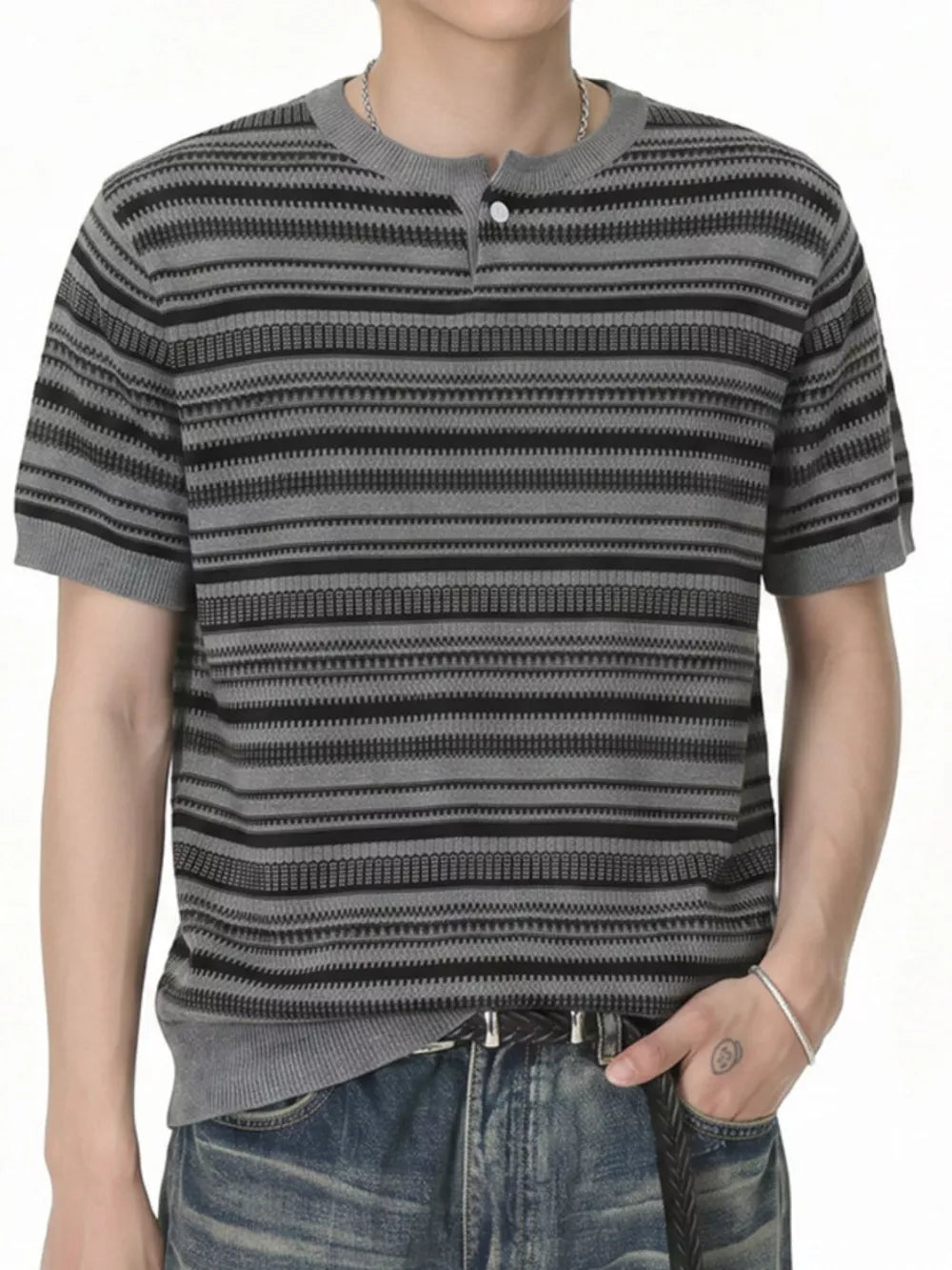 Textured grey henley t-shirt with black horizontal stripes and a button placket.