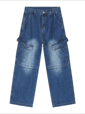Cargo denim flare trousers in medium wash with dual flap pockets and a relaxed fit.
