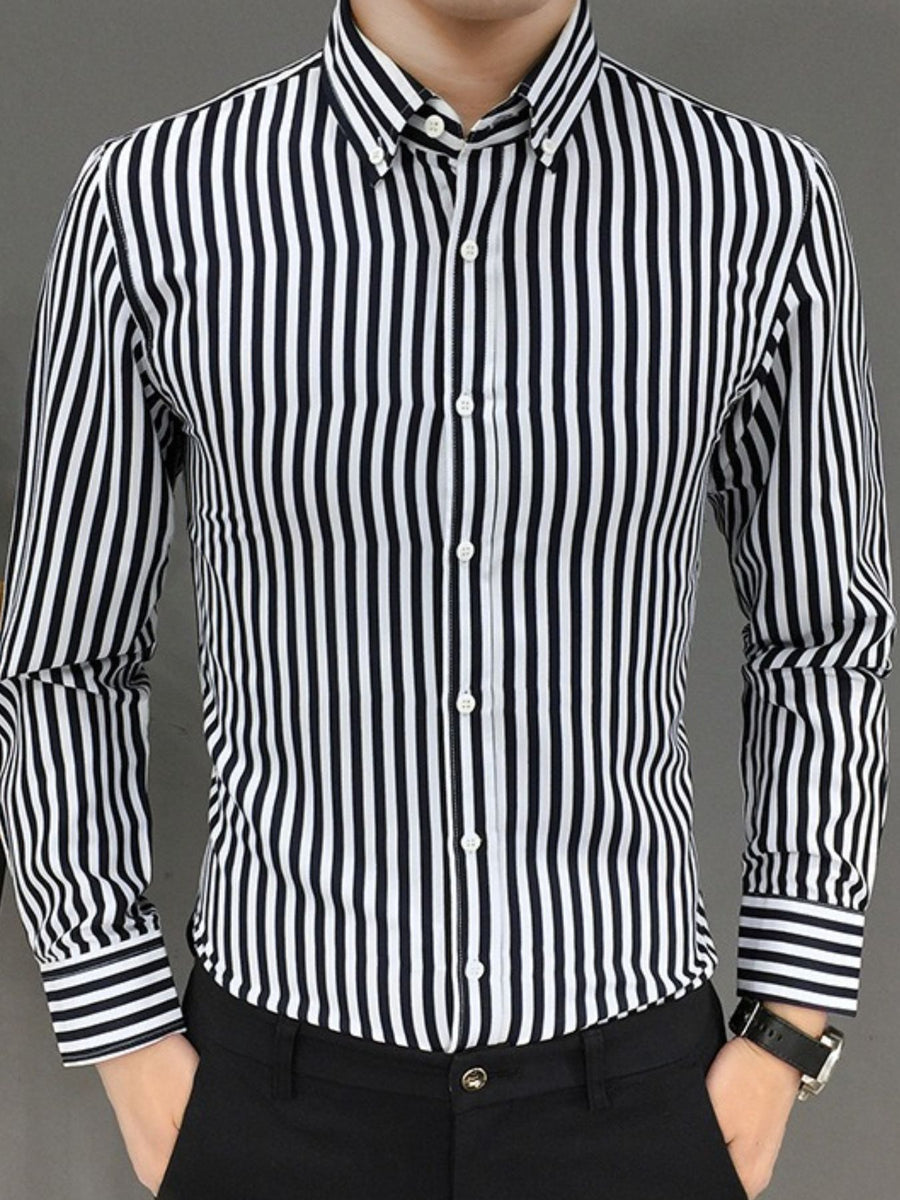 Men's black and white striped button-up shirt, cotton, casual style.