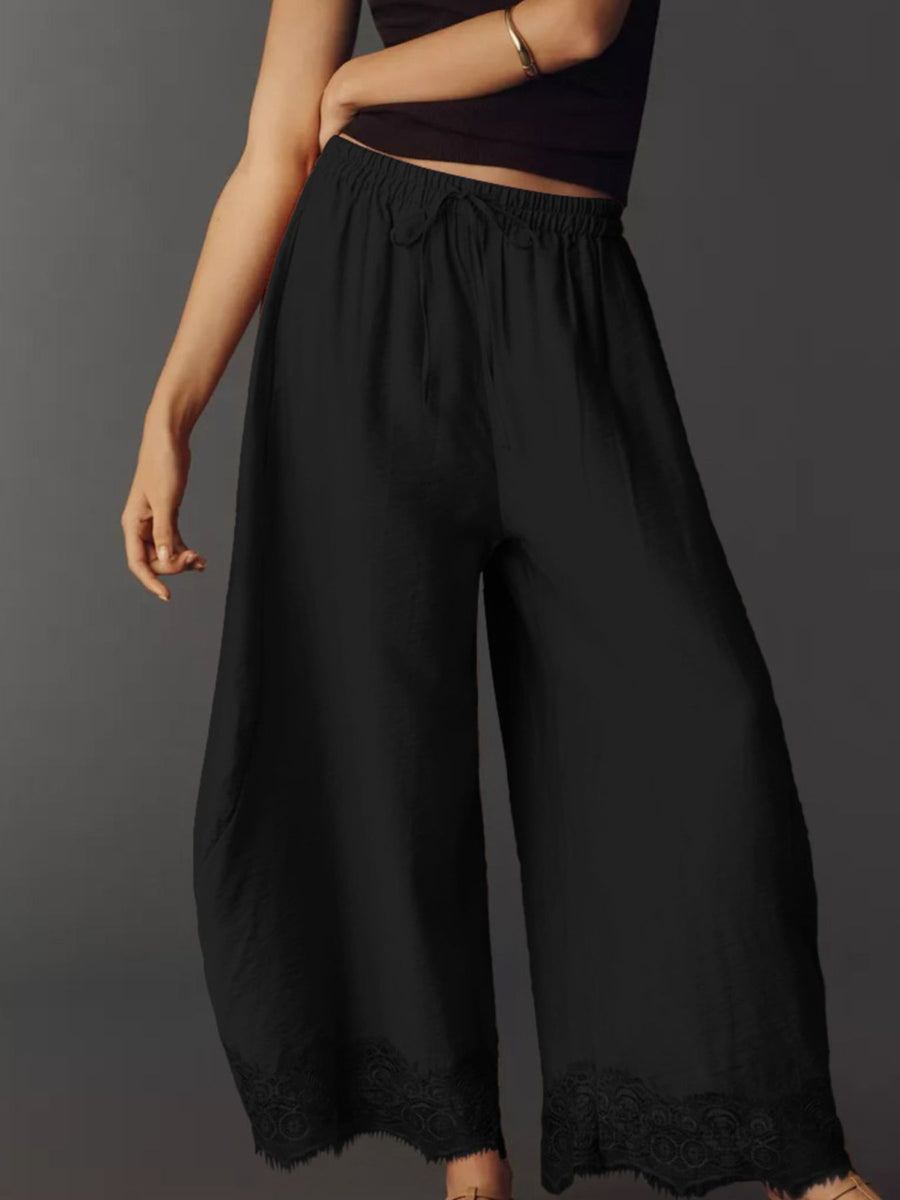 Elastic-Waist Pocketed Drawstring Wide Leg Pants in Black