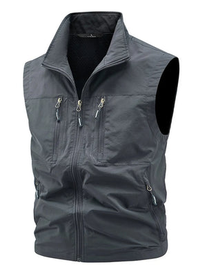Men's dark gray multi-pocket outdoor vest with full zip and stand collar.