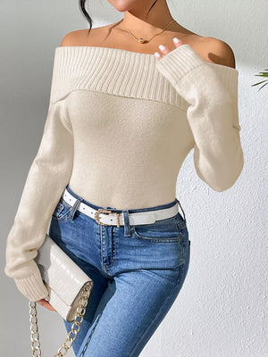 Beige Ribbed Knit Off Shoulder Sweater