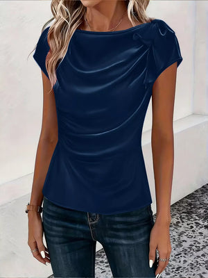 Green Ruched Short Sleeve Satin Top
