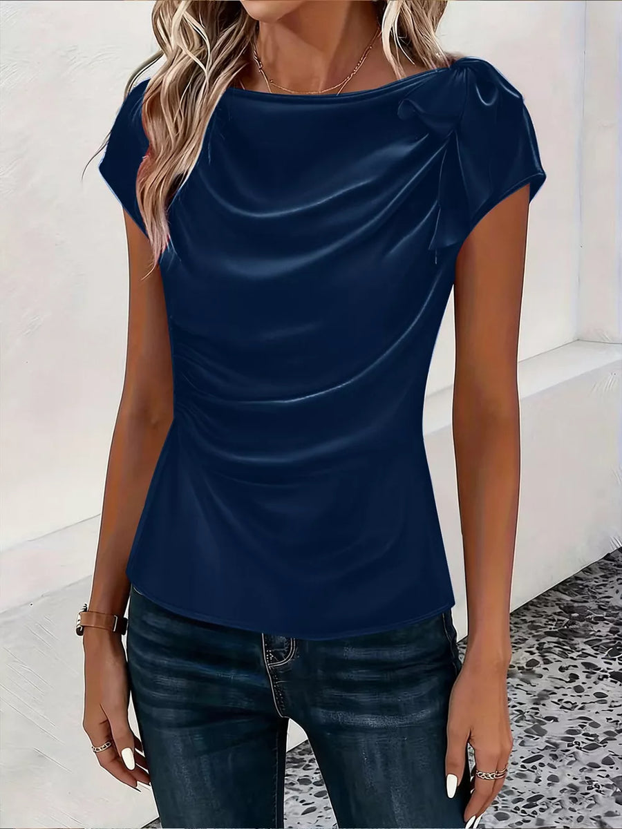 Green Ruched Short Sleeve Satin Top