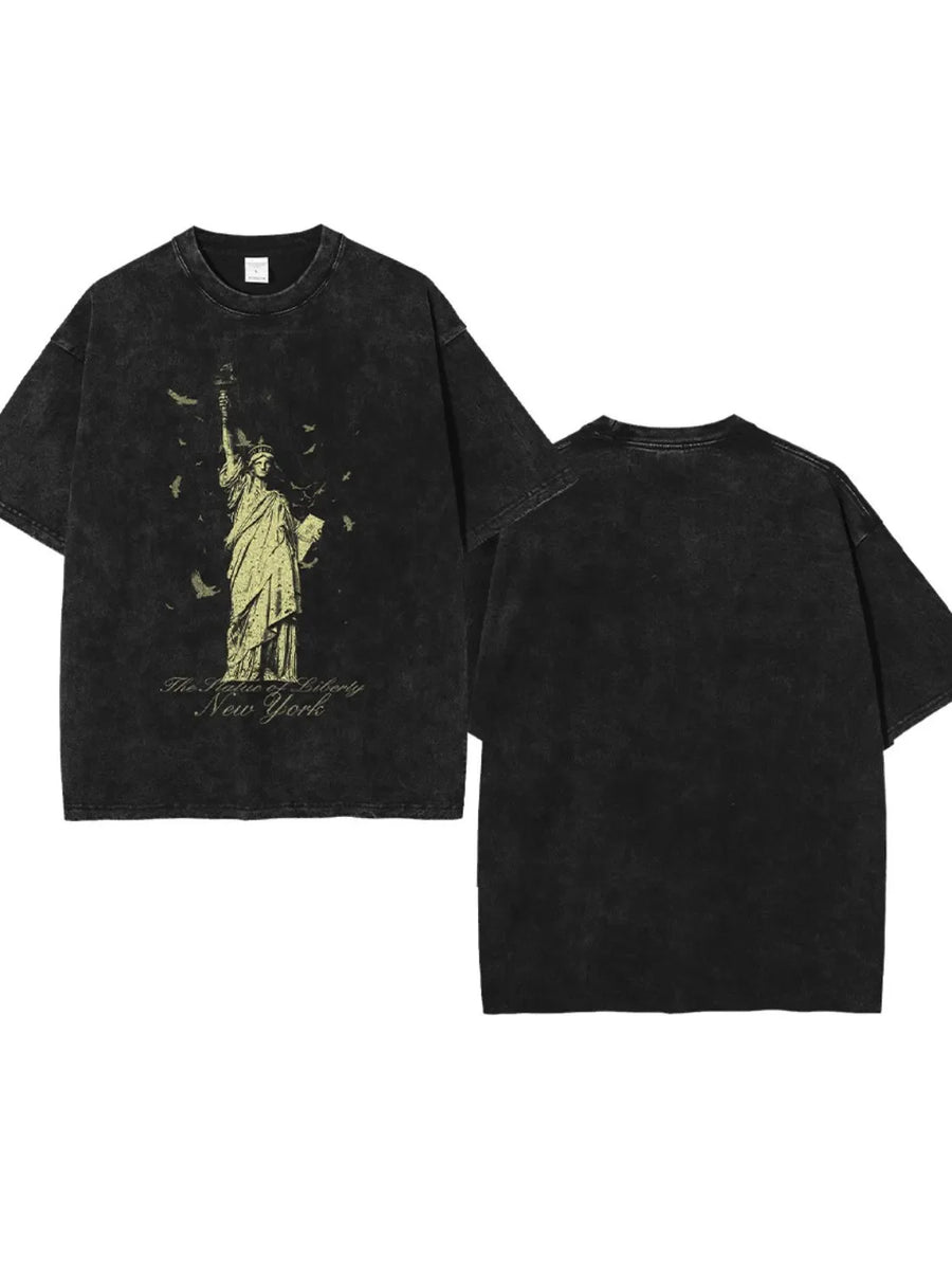 Black vintage wash t-shirt with Statue of Liberty graphic and New York text.