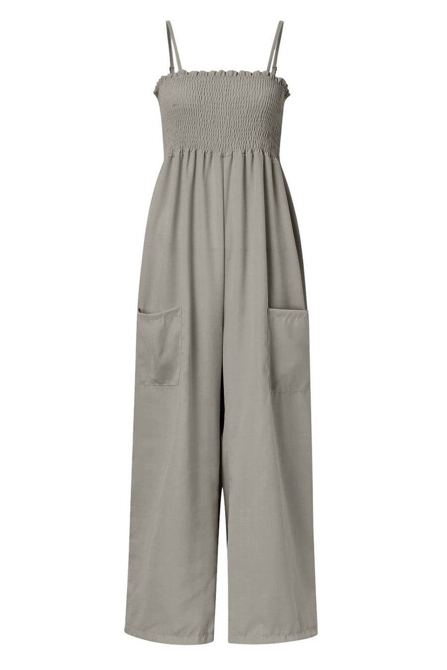 Gray smocked bodice palazzo jumpsuit with wide legs and side pockets.
