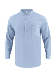 Light blue cotton band collar button-down shirt with chest pocket