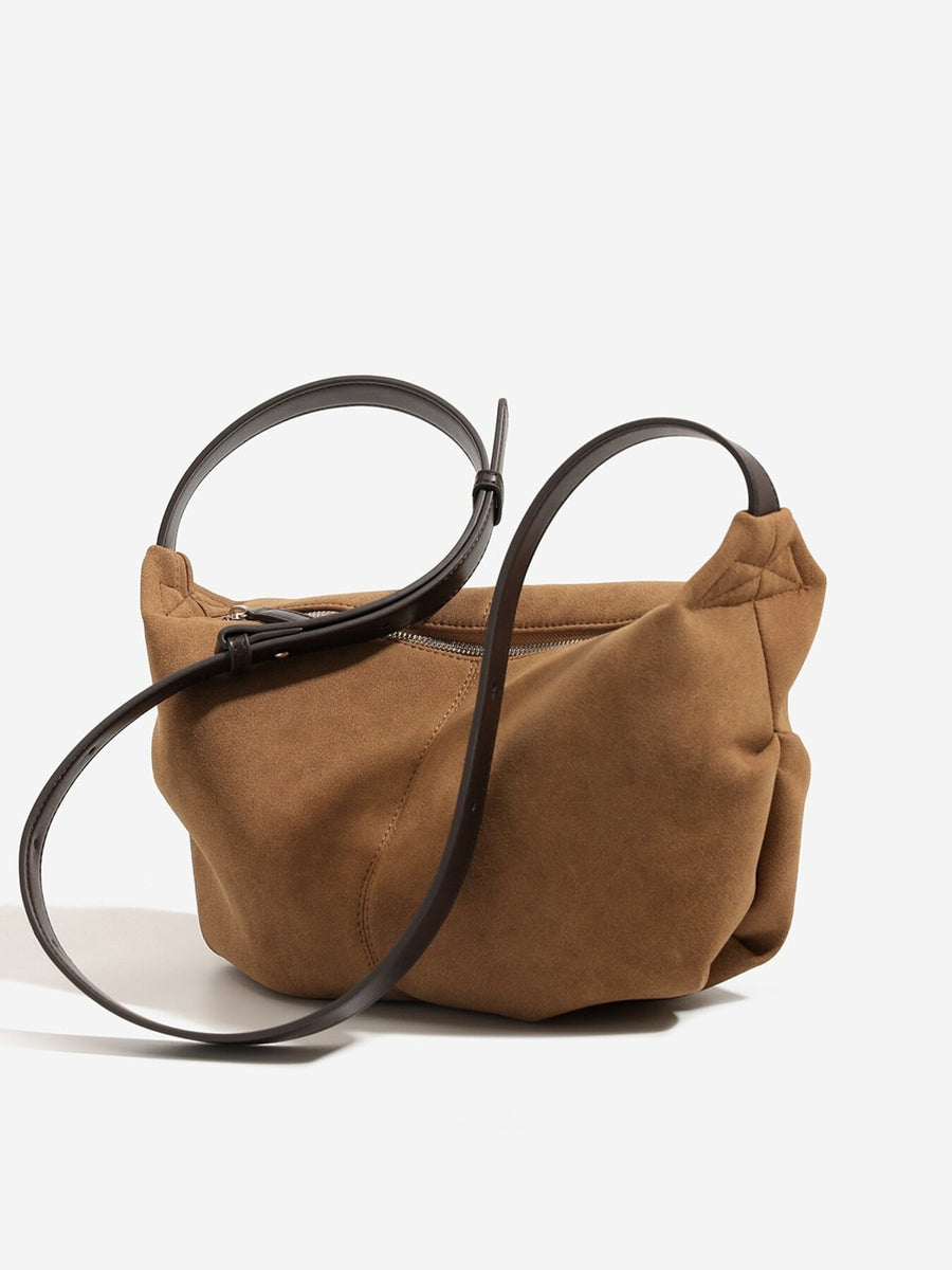 Vintage Suede Crescent Shoulder Bag in Brown with adjustable straps