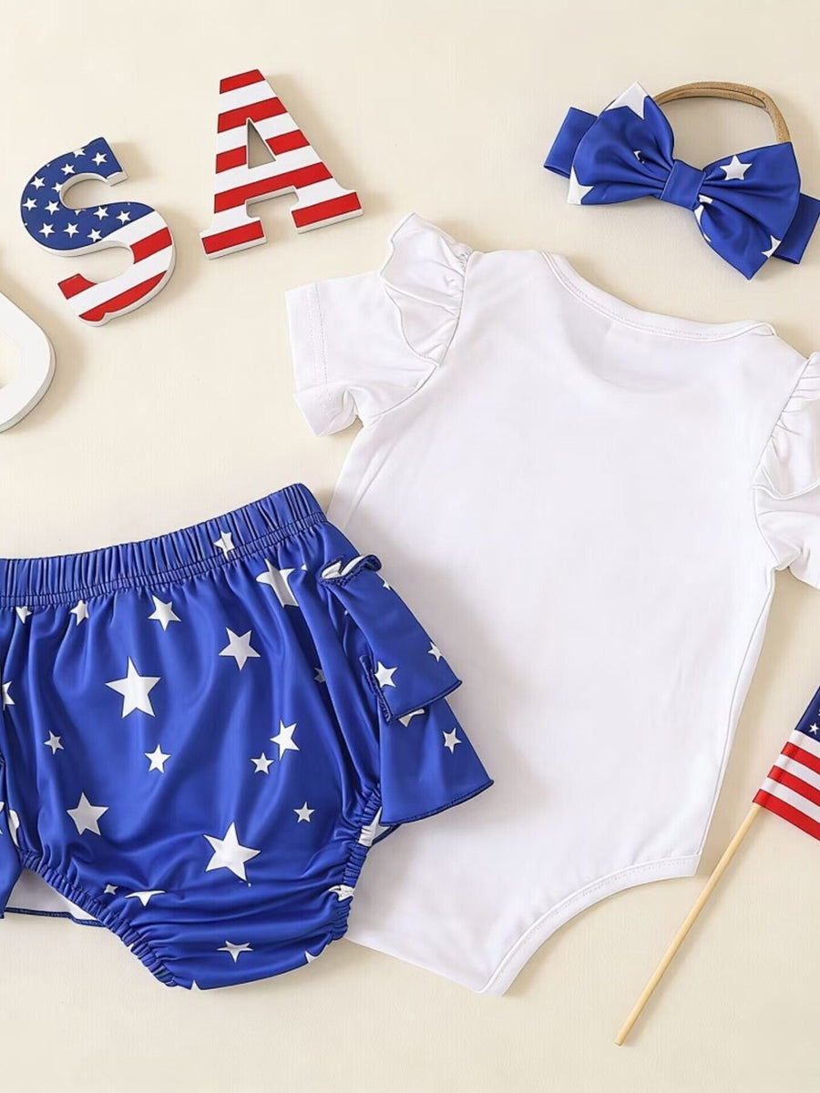 Baby set with white ruffled sleeve bodysuit and blue star print bloomers.