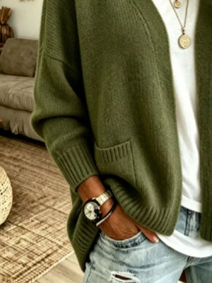 Open Front Knit Cardigan With Pockets in Black