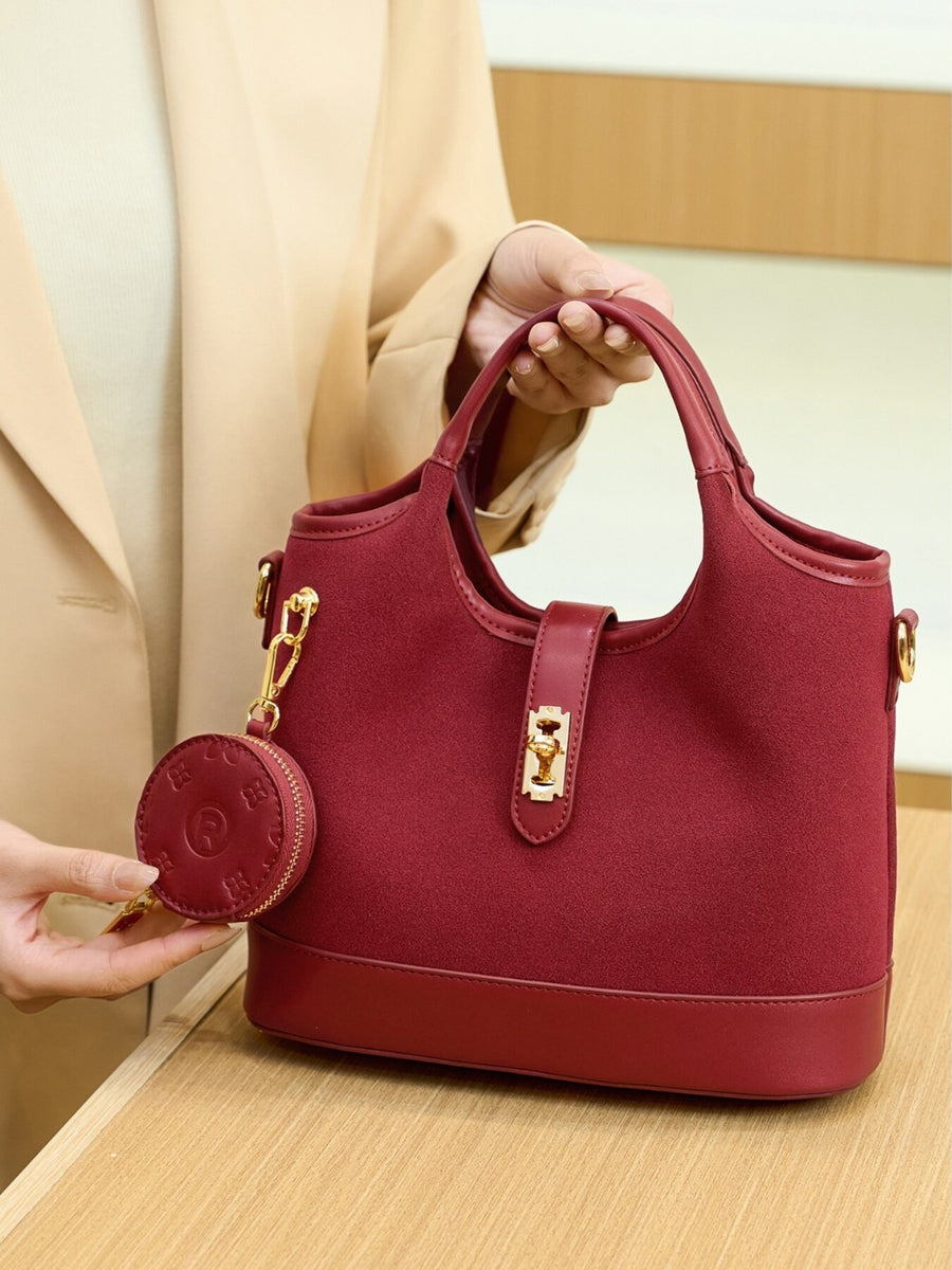 Suede Crossbody Bag With Detachable Coin Pouch in Wine Red