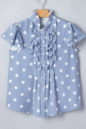 Blue and white polka dot and stripe ruffled shirt with button-down front and short sleeves.