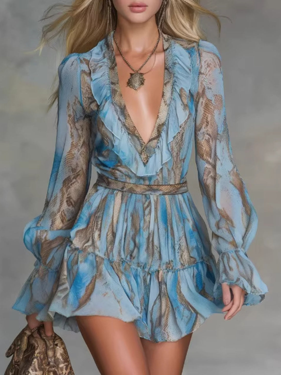 sky blue mini dress with snakeskin and deep v-neck