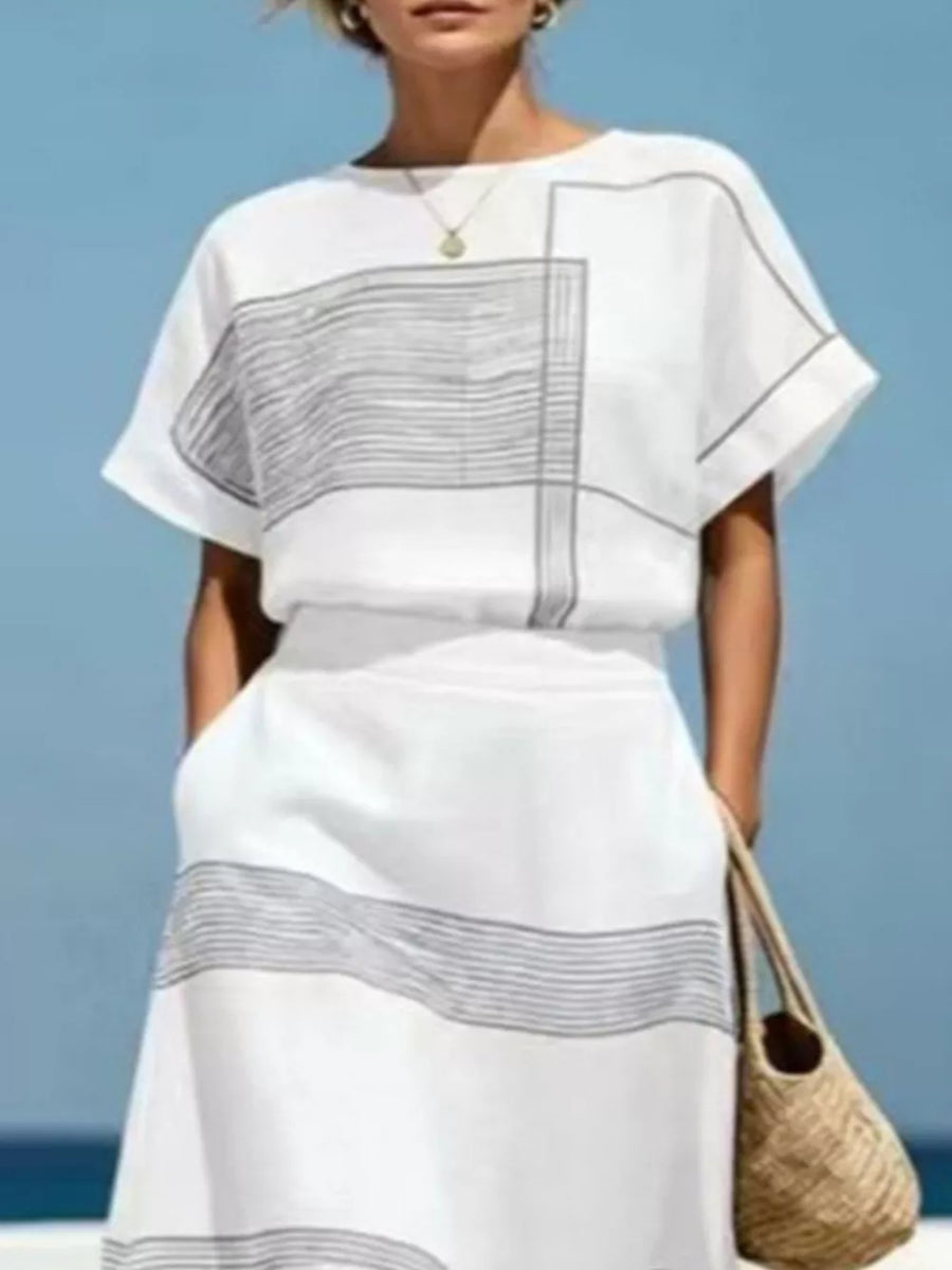 Full Size Striped Round Neck Top And Skirt Set in White
