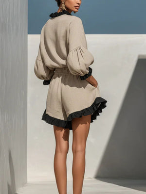 95% polyester, 5% spandex Care instructions: Machine wash cold lounge set in Beige with relaxed silhouette