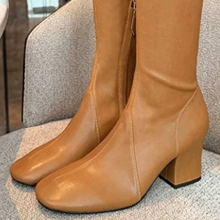 boots in camel with square toe and knee-length