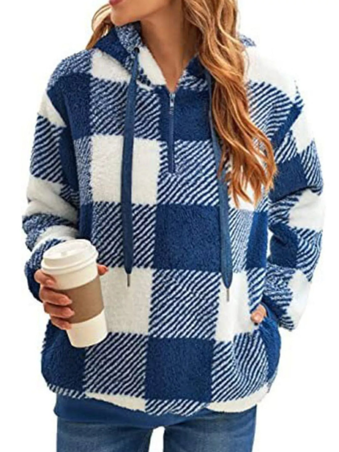 Blue plaid sherpa hoodie with drawstring and quarter zip